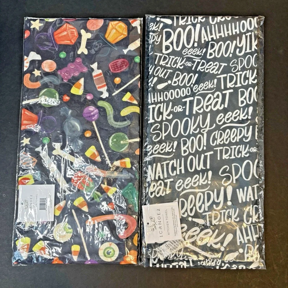 Set of 3 Tea Kitchen Dish Towel Halloween Fall Leaves Candy Boo Trick or Treat